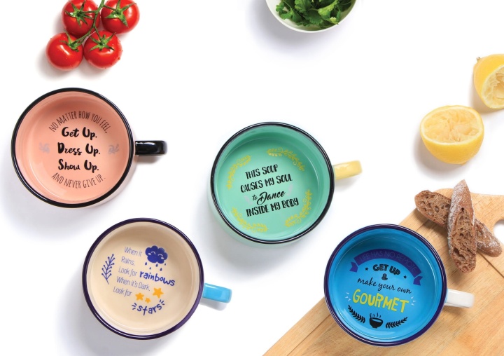 Retro kubki na zupę, kamionkowe Never Give up