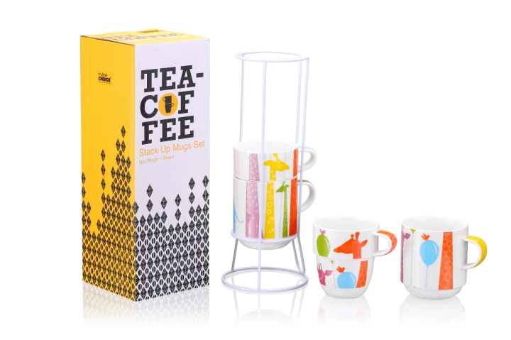 Utwardzona porcelana, zestaw kubków z nadrukami, kolorowe, żyrafa, stojak, cztery 4 kubki, prezent