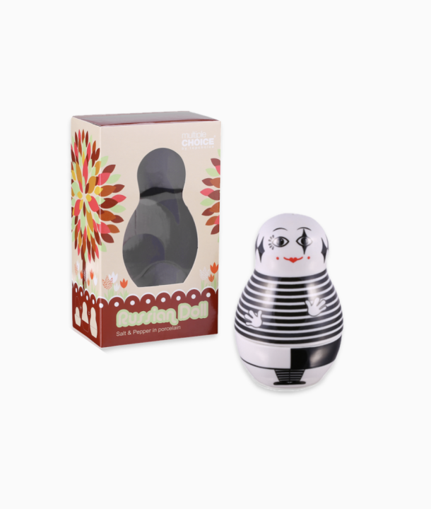 Zestaw solniczka pieprzniczka figurka matrioszka czarno biała