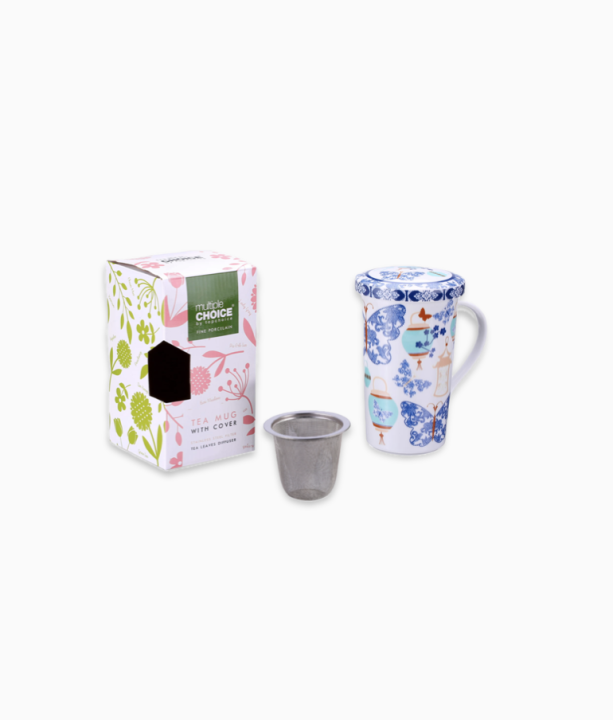 Wysoki kubek z pokrywką i sitkiem, elegancki, motyle niebieskie, wzór, prezent dla mamy, porcelana utwardzona