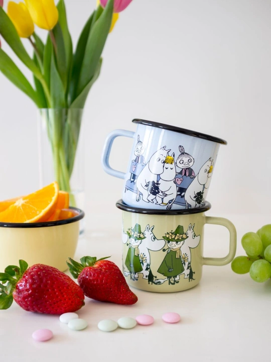 Kubek emaliowany Muminki Muminek i Włóczykij 370ml, stylowy, zielony, oliwkowy, pomysł na prezent